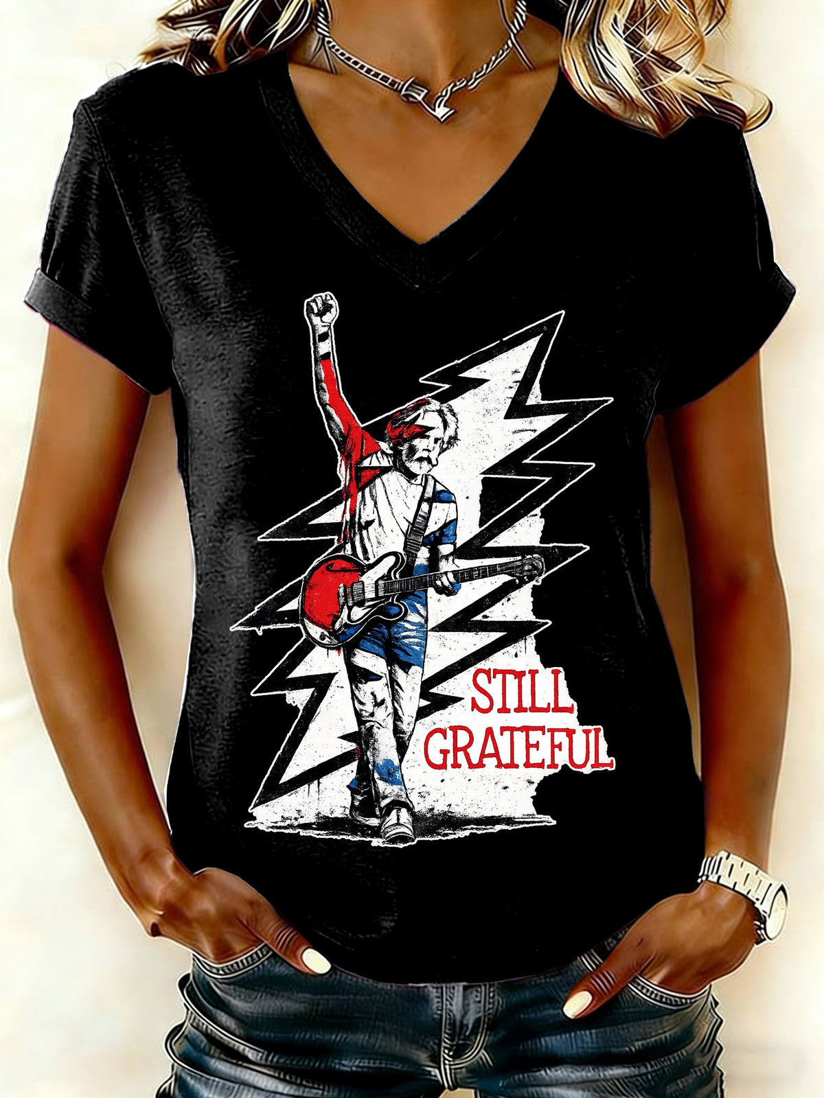 Women's Still Grateful Print V Neck T-shirt
