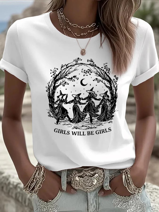 Women's Vintage Girls Will Be Girls Witch Print Casual T-shirt