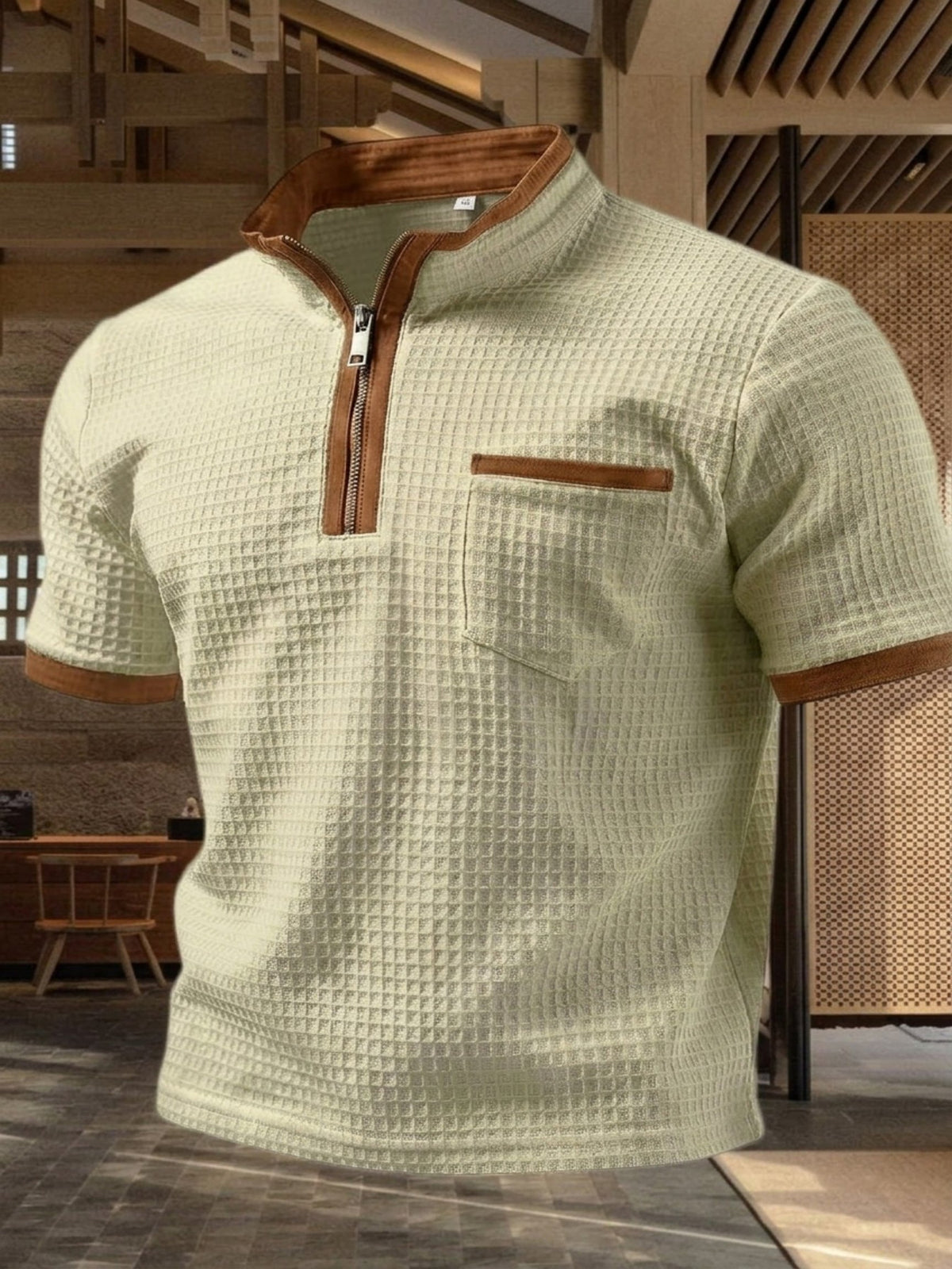 Men's Retro Waffle-Knit Colorblock Half-Zip Polo Shirt
