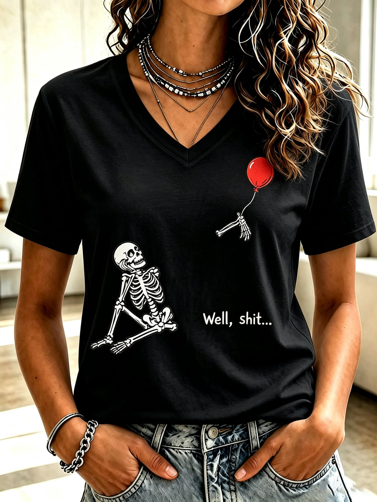 Women's Retro Halloween Well, shit... Print V Neck T-Shirt