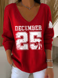 V-Neck Retro Christmas December 25 Print Knitwear Tops