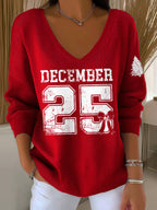 V-Neck Retro Christmas December 25 Print Knitwear Tops