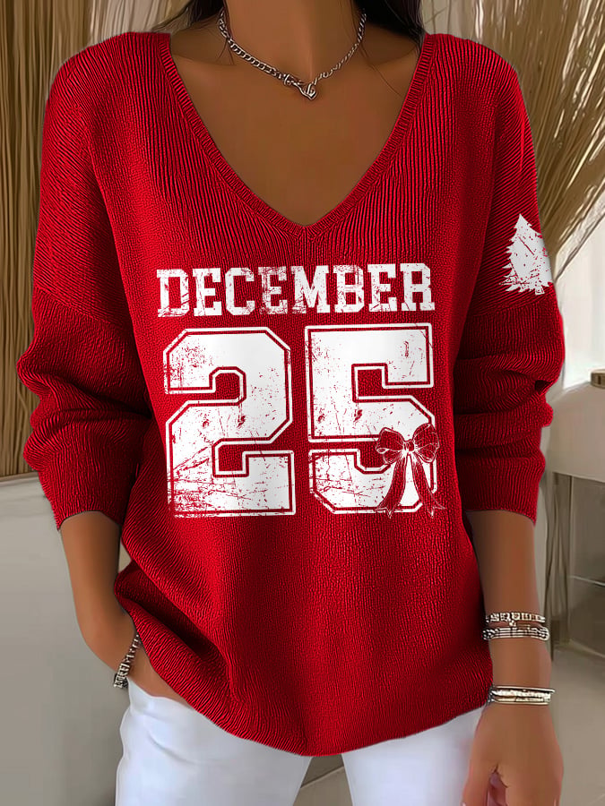 V-Neck Retro Christmas December 25 Print Knitwear Tops
