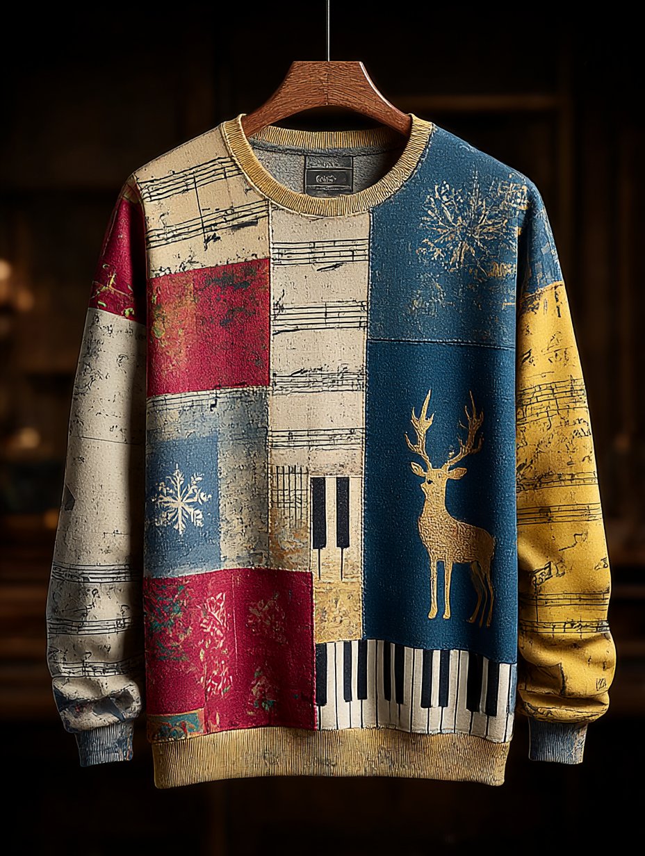 Men's Retro Casual Musical Note Christmas Party Art Sweatshirt