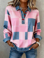 Women'S Casual Lapel Contrast Color Stitching Plaid Top