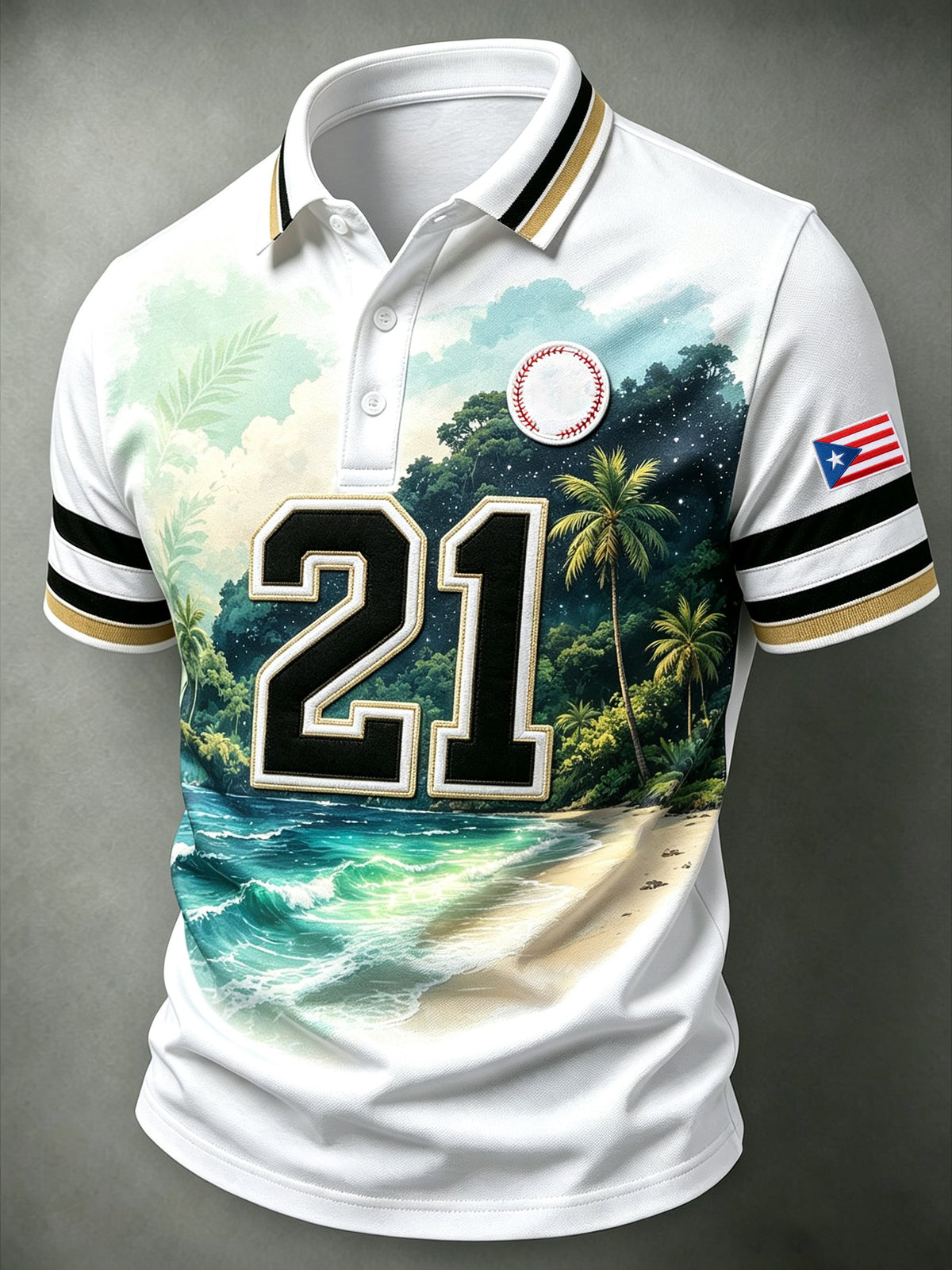 Men's Puerto Rico Baseball Art Printed Short-Sleeve Polo Shirt