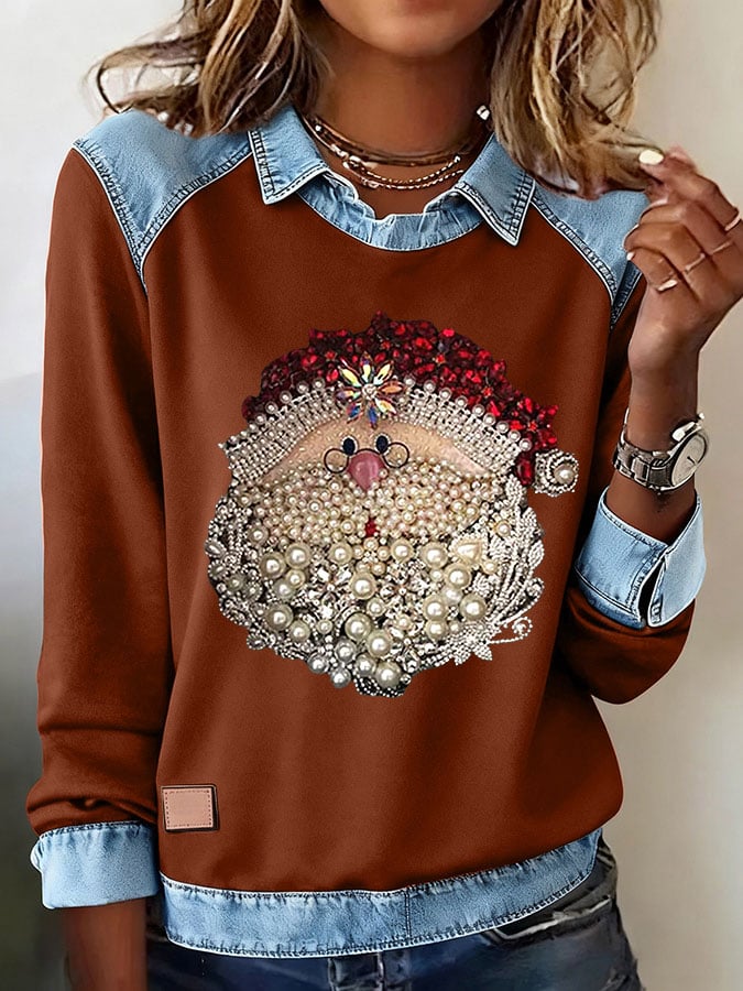 Women's Santa Head Printed Comfortable Denim Patchwork Sweatshirt