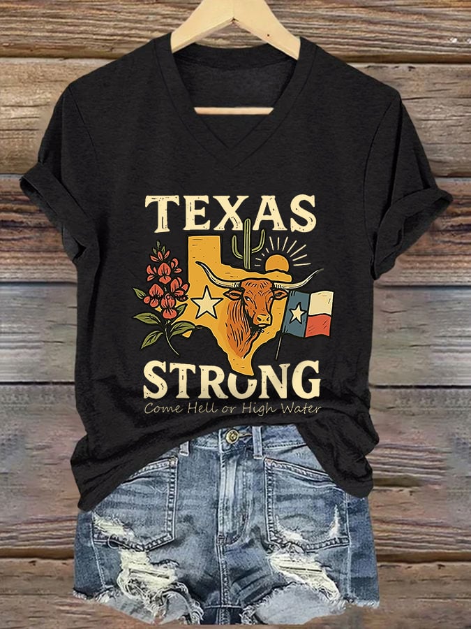 V-Neck Retro Texas Strong Come Hell Or High Water Print T-Shirt