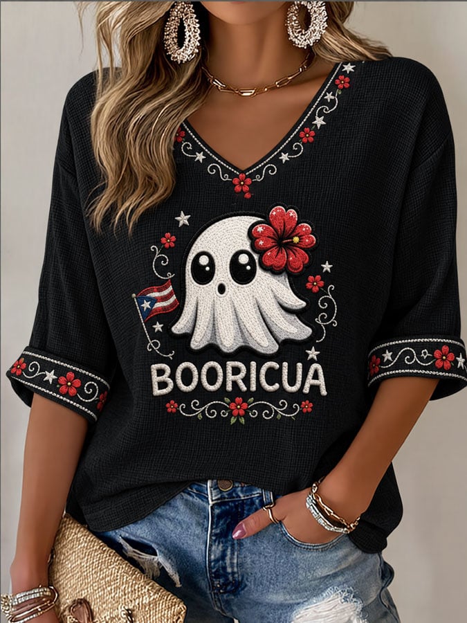 Women's Puerto Rico Halloween Print Graphic Waffle-Knit Casual T-Shirt