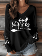 Women's Witch Be Crazy Print V-Neck Long Sleeve T-Shirt