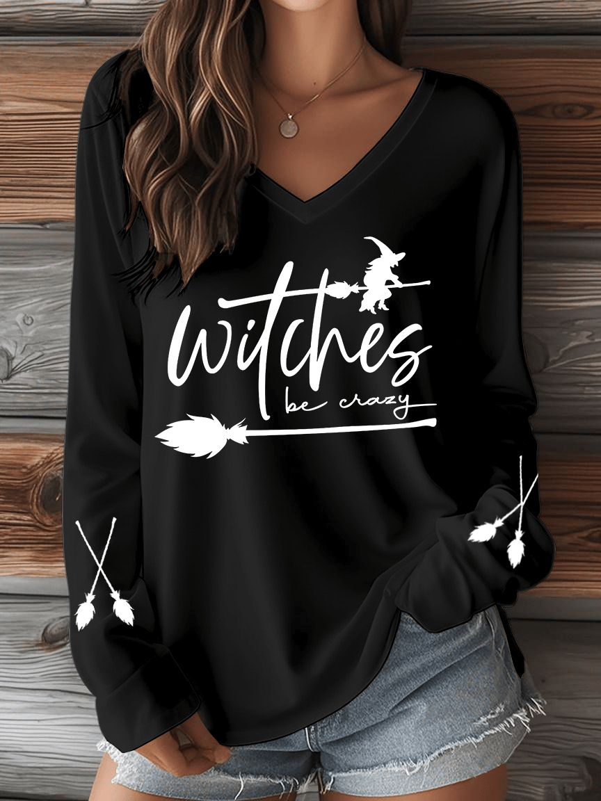 Women's Witch Be Crazy Print V-Neck Long Sleeve T-Shirt