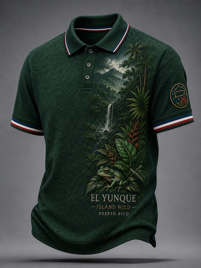 Men's Casual Puerto Rico Print Polo Shirt
