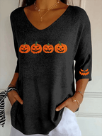 Women's Ghost Face Pumpkin Print Ribbed Fabric Casual V-Neck T-Shirt
