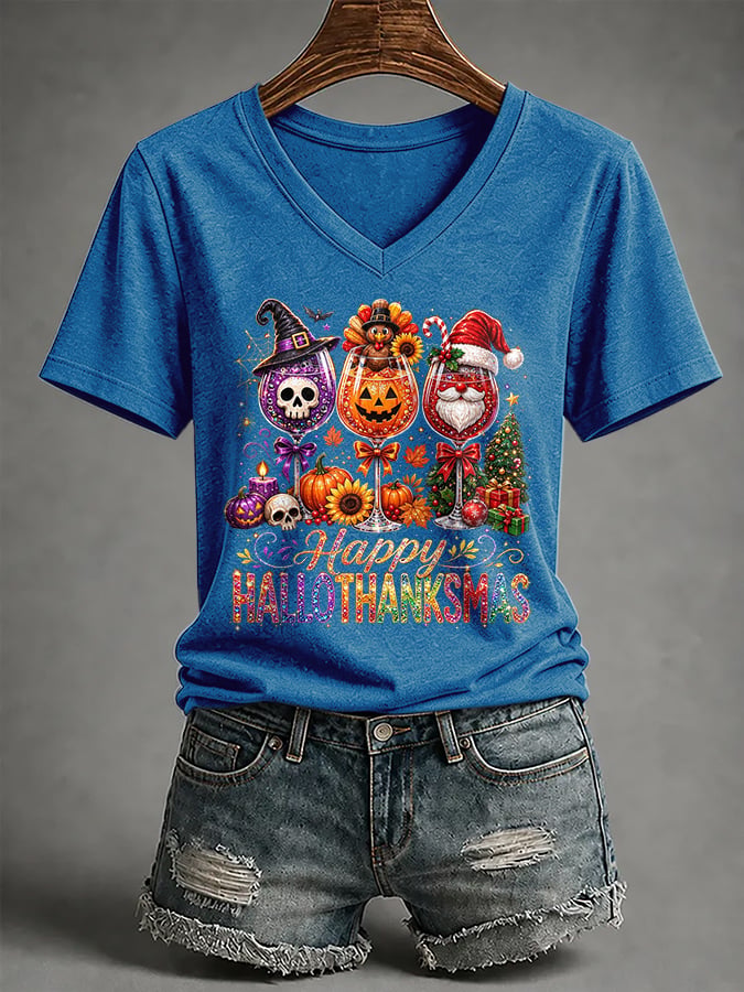 🔥🔥2nd 50% Off 🔥🔥V-Neck Retro Happy Hallothanksmas Halloween Thanksgiving Christmas  Red Wine Glass Skull Turkey Santa Claus Print T-Shirt