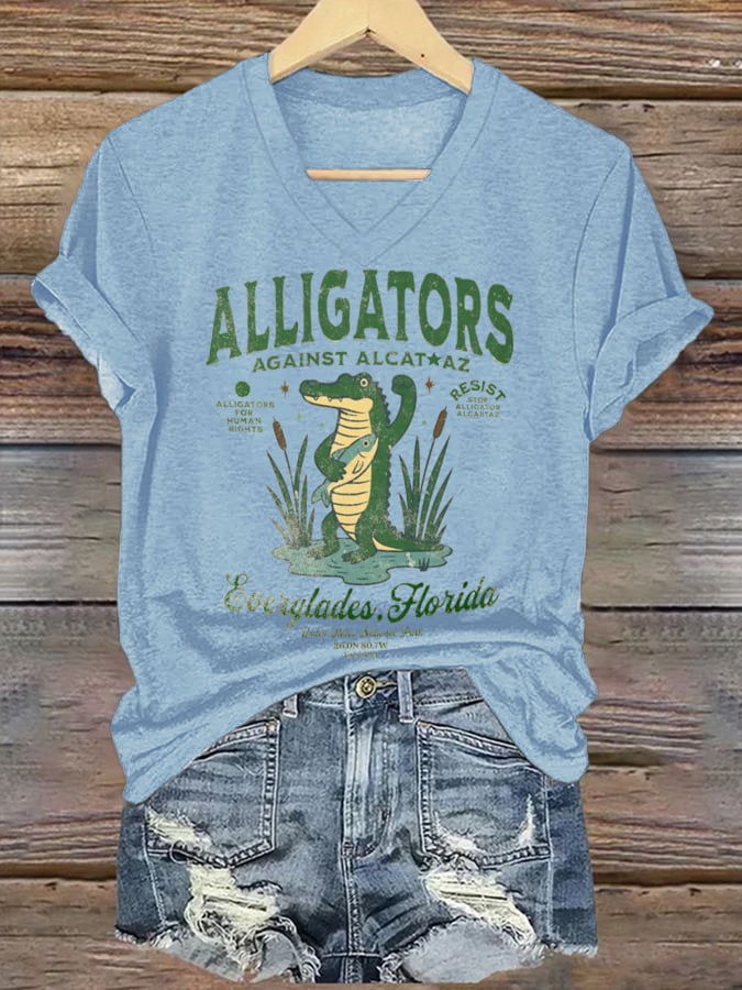 Women's Fashion Casual Retro Crocodile Island Resistance Fdt Print T-Shirt