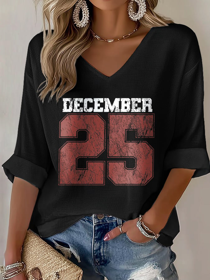 V-Neck Retro Christmas December 25 Print T-Shirt