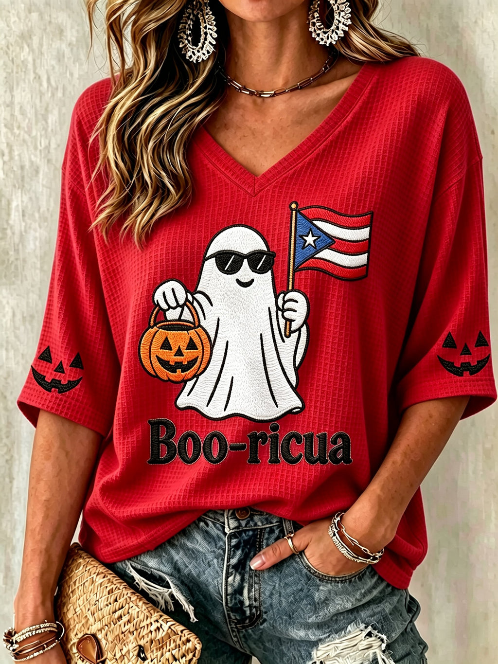Women's Halloween In Puerto Rico Print Waffle-Knit Top