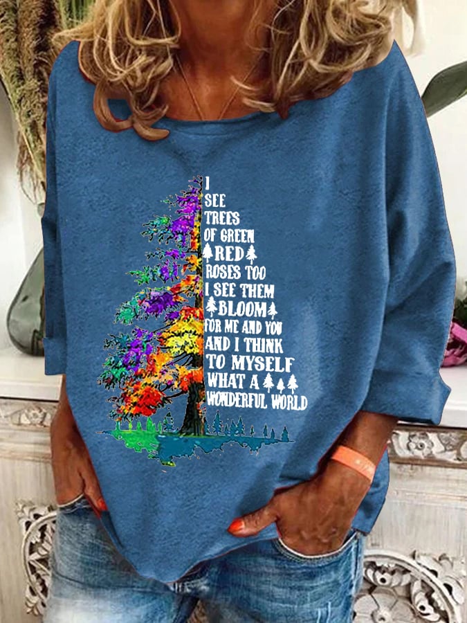 Retro Hippie Christmas I See Trees Of Green, Red Roses Too I See Them Bloom For Me And You And I Think To Myself What A Wonderful World Print Sweatshirt