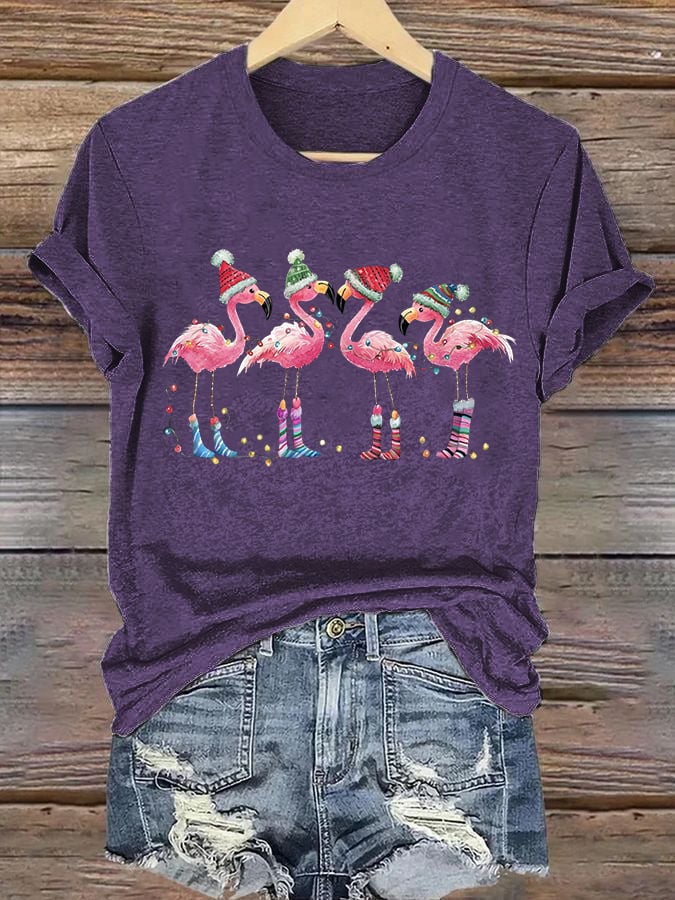 Women's Christmas Flamingo Printed Crew Neck T-Shirt