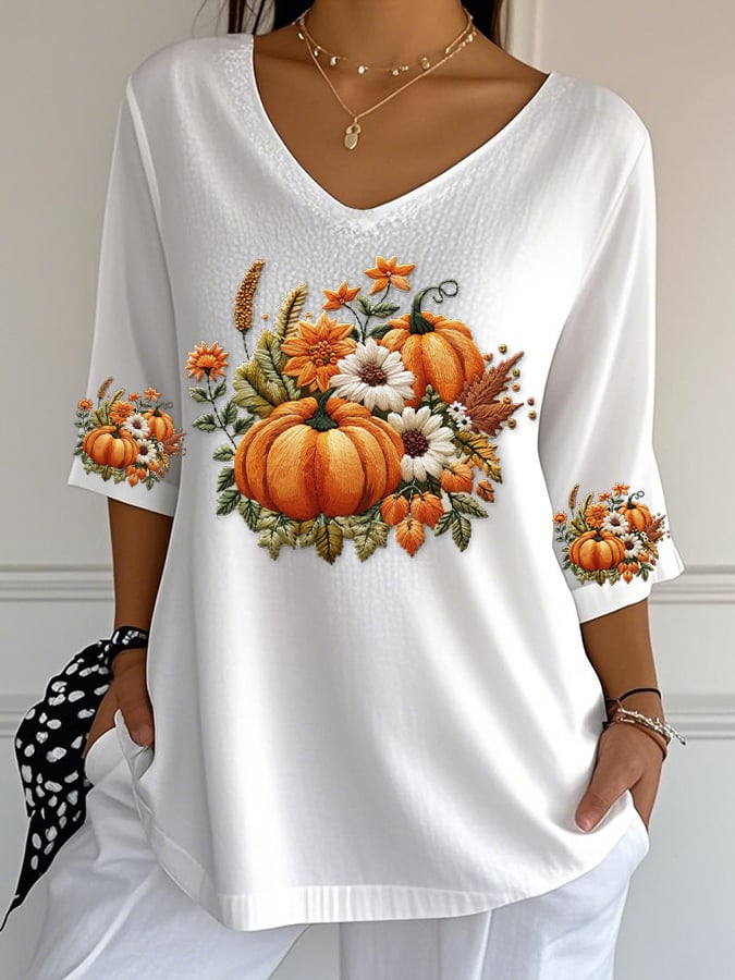 Women's Casual Pumpkin Bubble Ruffled Three-quarter Sleeve Top