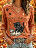 Women's Fall Black Cat V-Neck T-Shirts