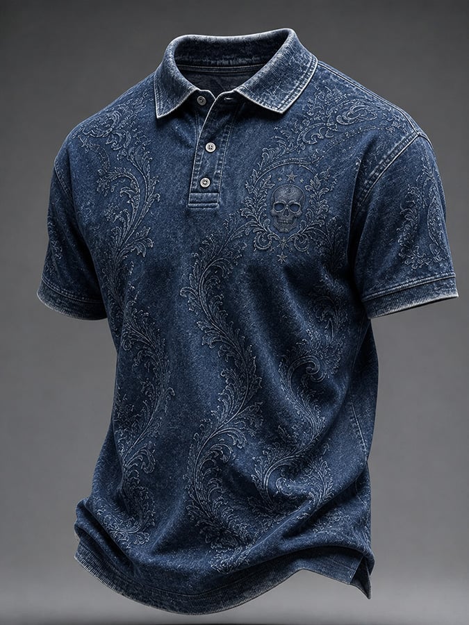 Men's Vintage Halloween Skull Print Polo Shirt