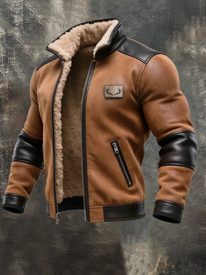 Men's Vintage Suede and Leather Hooded Warm Jacket