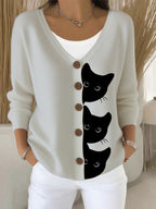 Women's Halloween Fun Black Cat Print Cardigan Sweater