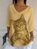 Women's Cute Animal Cat Pattern Print Mid Sleeve Casual T-Shirt