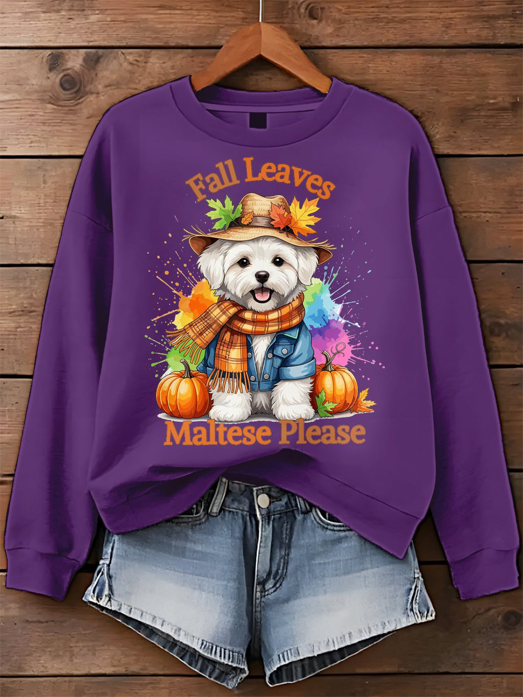Dog Fall Leaves Maltese Please Art Printed Sweatshirt