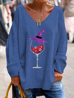 Women's Halloween Skull Wine Print V-Neck T-Shirt