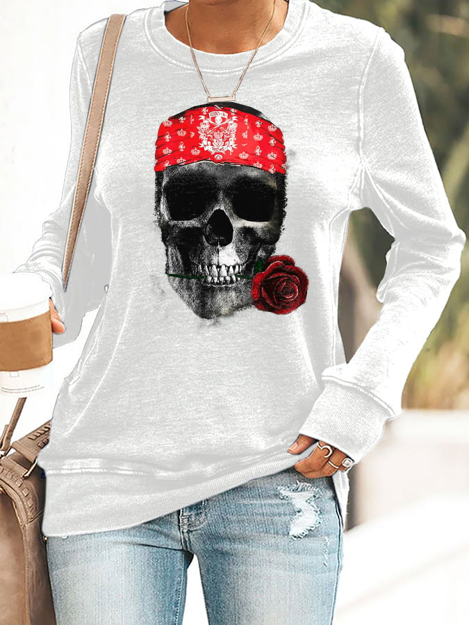 Retro Rock Skull And Rose Print Sweatshirt