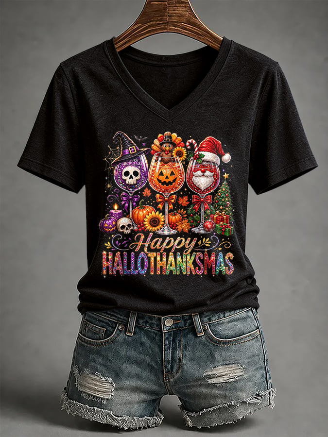 🔥🔥2nd 50% Off 🔥🔥V-Neck Retro Happy Hallothanksmas Halloween Thanksgiving Christmas  Red Wine Glass Skull Turkey Santa Claus Print T-Shirt