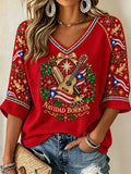 Women's Puerto Rico Christmas Print V Neck Top