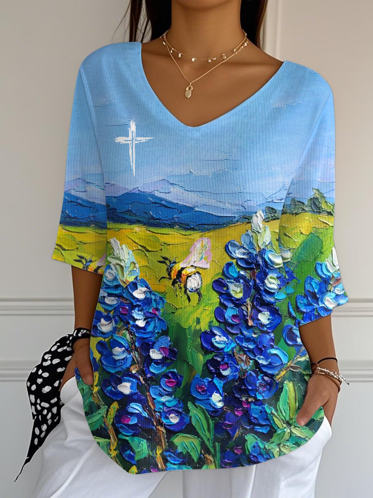 Women's Faith Autumn Oil Painting Style Blue Hat Flower V-Neck Print Long Striped Top