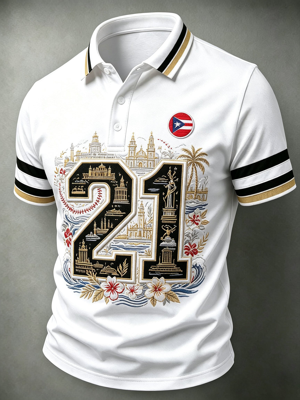 Men's Puerto Rico Baseball Art Printed Short-Sleeve Polo Shirt