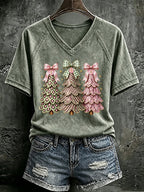 V Neck Retro FDT Pink Christmas Tree With Leopard Print T-Shirt
