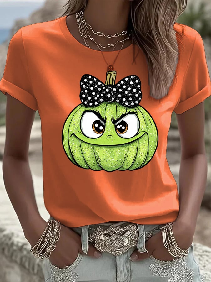 Women's Halloween Pumpkin Face Print Crew Neck T-shirt