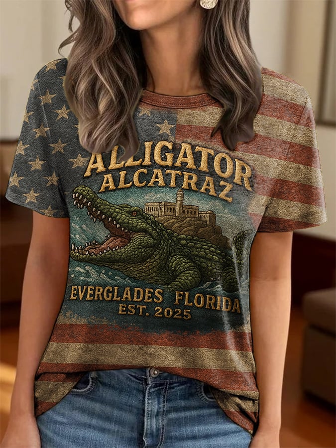 Women's Retro Casual Crocodile Island Print T-shirt