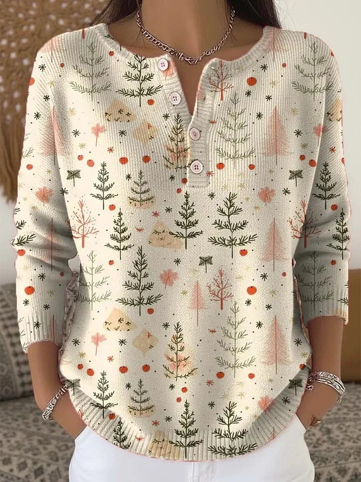 Women's Christmas Print Knit Button Top