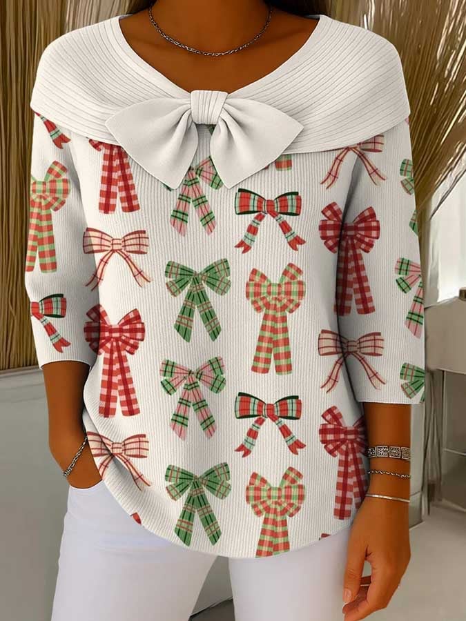 Women's Christmas Print Bow Knit Pullover Top