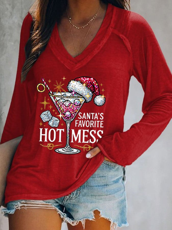 Women's Christmas Santa's Favorite Hot Mess Print V-Neck T-Shirt