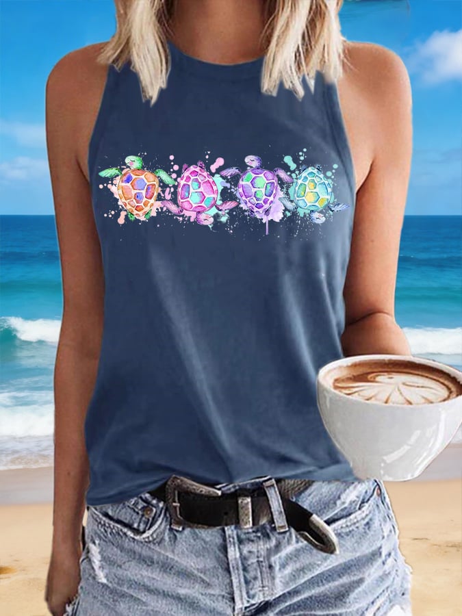 Retro Sea Turtle Print Tops Tank
