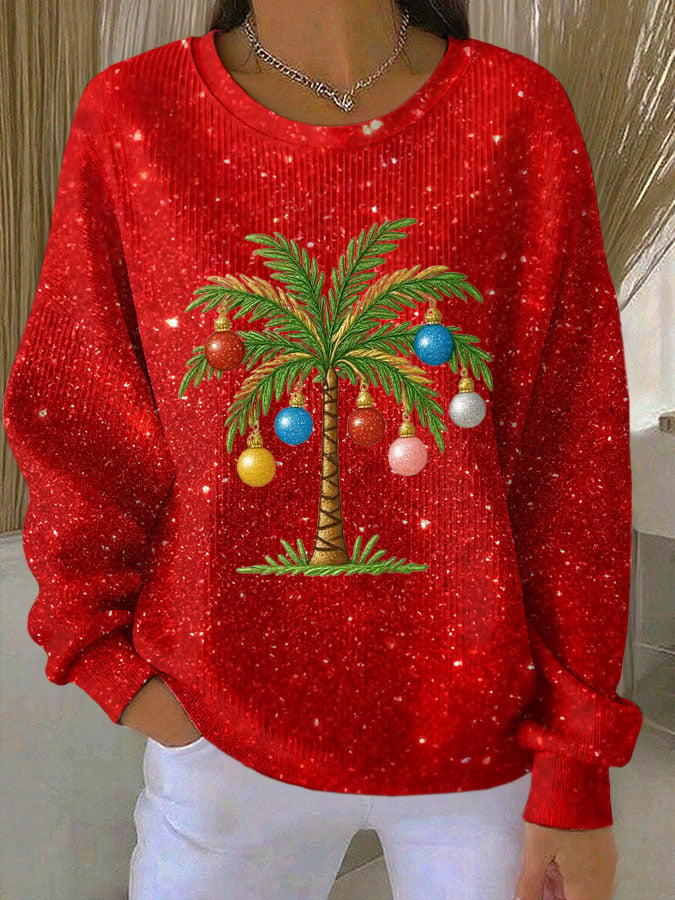 Women's Christmas Print Knit Crew Neck Long Sleeve Top