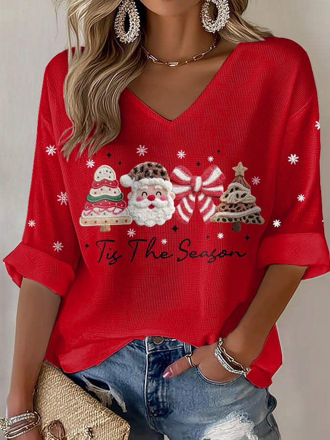 Women's casual Christmas season waffle T-shirt