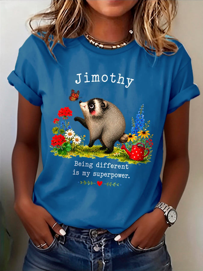 Retro Jimothy Raccoon Being Different Is My Superpower Print T-Shirt