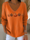 Women's Casual Autumn Maple Leaf Pumpkin Striped Long-Sleeved V-Neck Top