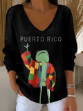 Women's Printed Letter Header Rain Frog Printed Long Sleeve Top