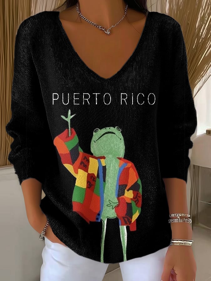 Women's Printed Letter Header Rain Frog Printed Long Sleeve Top