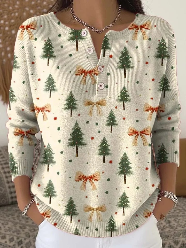 Women's Christmas Print Knit Button Top